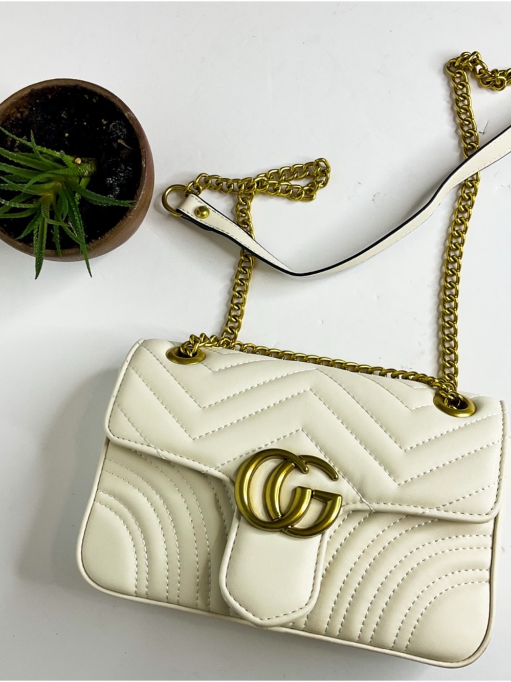 Cream Quilted Chain Shoulder Bag with Gold Hardware